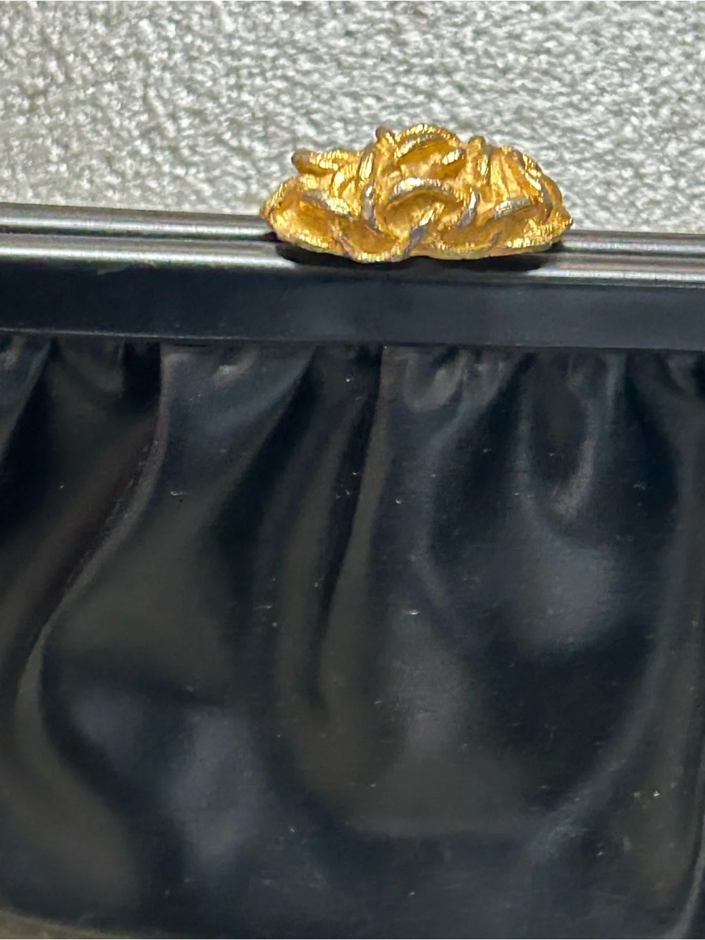 Vintage Convertible Black Leather Ruched Frame Clutch with Textured Gold Clasp